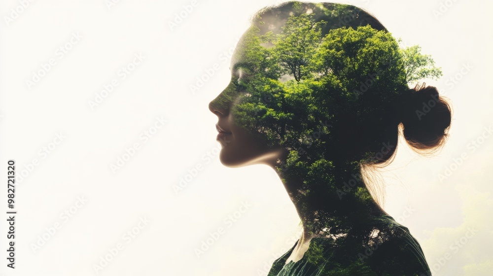 Concept of environment caring devotion, business sustainability and global warming protection shown by woman and green forest double exposure image Concept of environment caring devotion, business sustainability and global warming protection shown by woman and green forest double exposure image