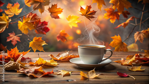 Delicate fall leaves surround a steaming cup of hot tea, set against a muted autumnal backdrop, evoking feelings of cozy warmth and serene tranquility. photo