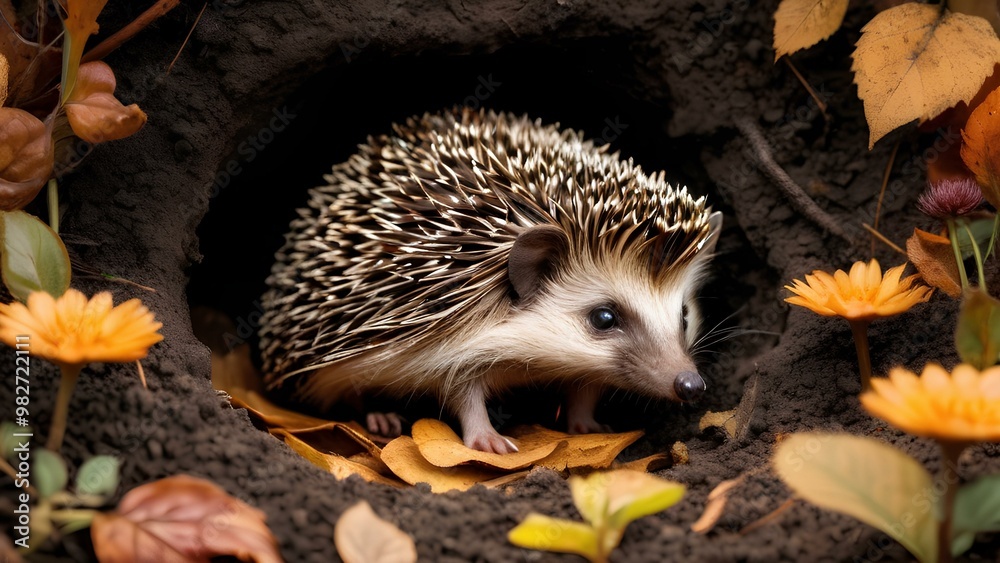 Fototapeta premium Hedgehog finding comfort in a warm, snug burrow as the autumn leaves surround its cozy shelter, offering protection and warmth.