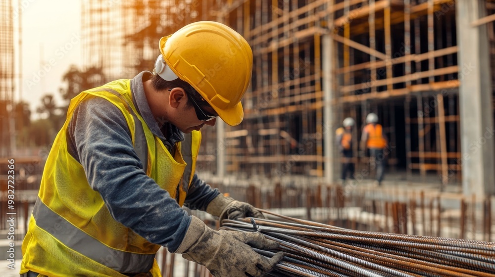Fototapeta premium Construction Worker Wearing Yellow Hard Hat and Safety Vest Handling Steel Rebar - Building Site Activity, Scaffolding in Background, Active Construction Scene, Safety Gear, Structural Work, Busy 