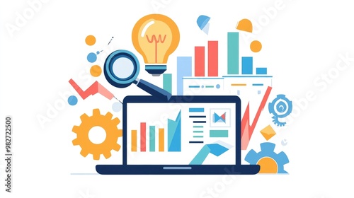 2D cartoon illustration of Search Engine Optimization featuring a laptop with SEO text a magnifying glass a lightbulb gears a graph and a bullseye