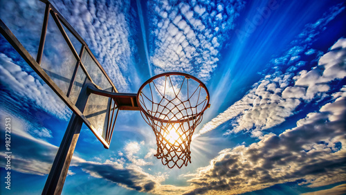 Shadow of a basketball hoop and net against a bright blue sky with a few wispy clouds, emphasizing the swish of a perfect shot. photo