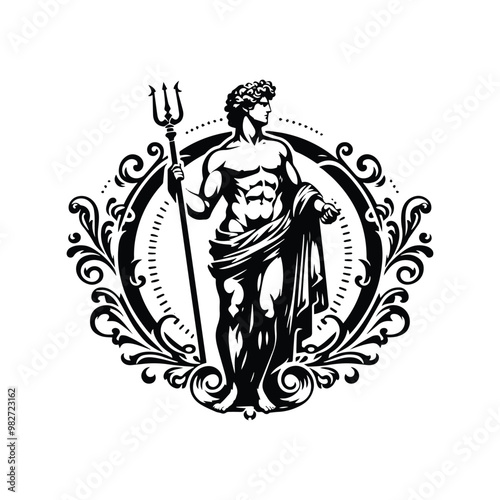 Apollo greek god with victorian flourish decoration in black and white illustrations, cutout graphic