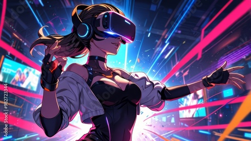 woman wearing virtual reality glasses and a headset on a solid violet background. Augmented reality, games. Metaverse digital virtual reality technology.