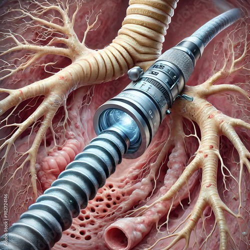 3D Model human trachea anatomy: process of bronchoscopy, where a flexible camera is inserted into the trachea to examine the airway. tracheal walls, mucus, any potential blockages or abnormalities. photo