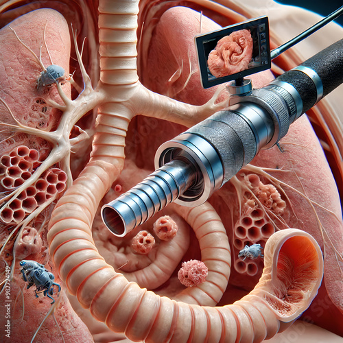 3D Model human trachea anatomy: process of bronchoscopy, where a flexible camera is inserted into the trachea to examine the airway. tracheal walls, mucus, any potential blockages or abnormalities.