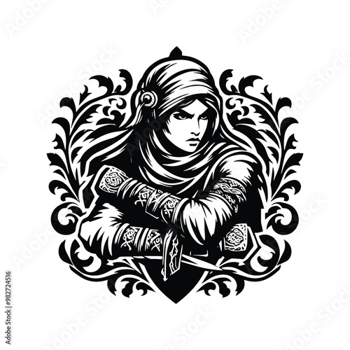 Arabian warrior female with victorian flourish in black and white illustrations, cutout graphic black and white illustration