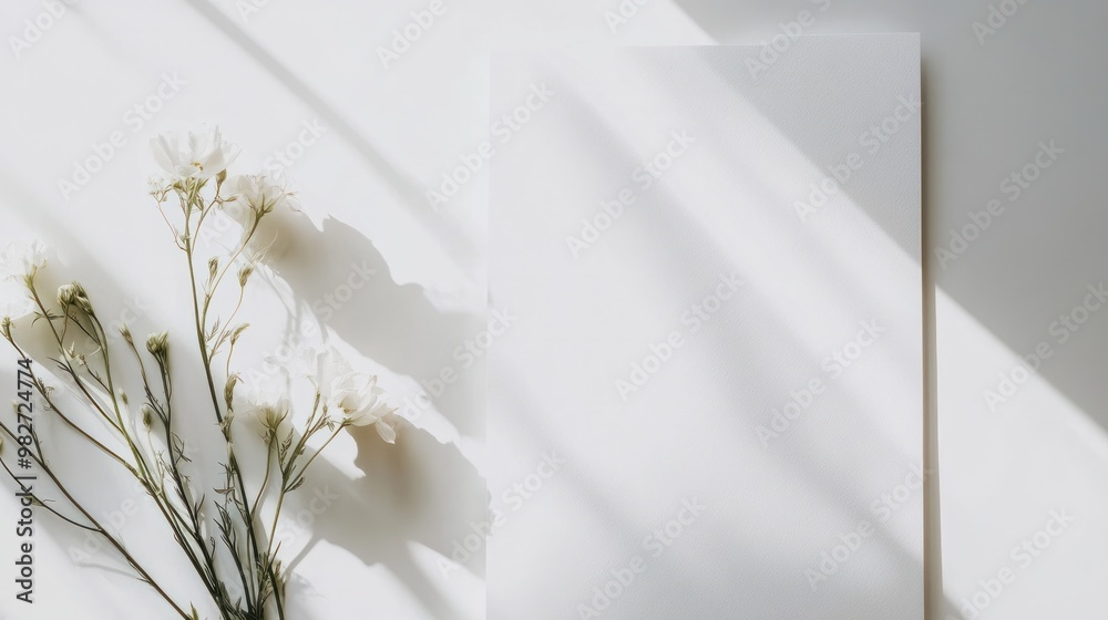 A modern wedding invitation design featuring simple floral accents on a minimalist white background, leaving ample space for text and personalization. A modern wedding invitation design featuring simple floral accents on a minimalist white background, leaving ample space for text and personalization.