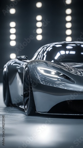 Sleek Black Sports Car Under Studio Lights.