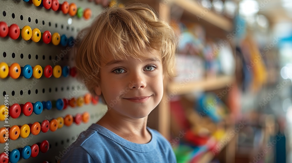 Smiling blonde child in a blue shirt standing near a colorful pegboard in a toy store. Smiling blonde child in a blue shirt standing near a colorful pegboard in a toy store.