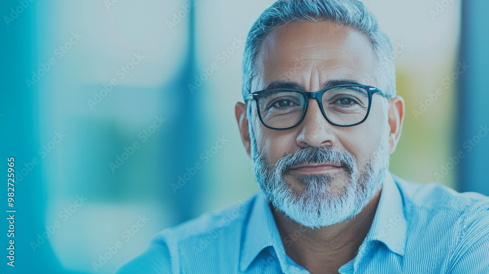 Smiling mature man with graying hair and beard. Smiling mature man with graying hair and beard.