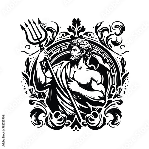 Ares greek god with victorian flourish decoration in black and white illustrations, cutout graphic