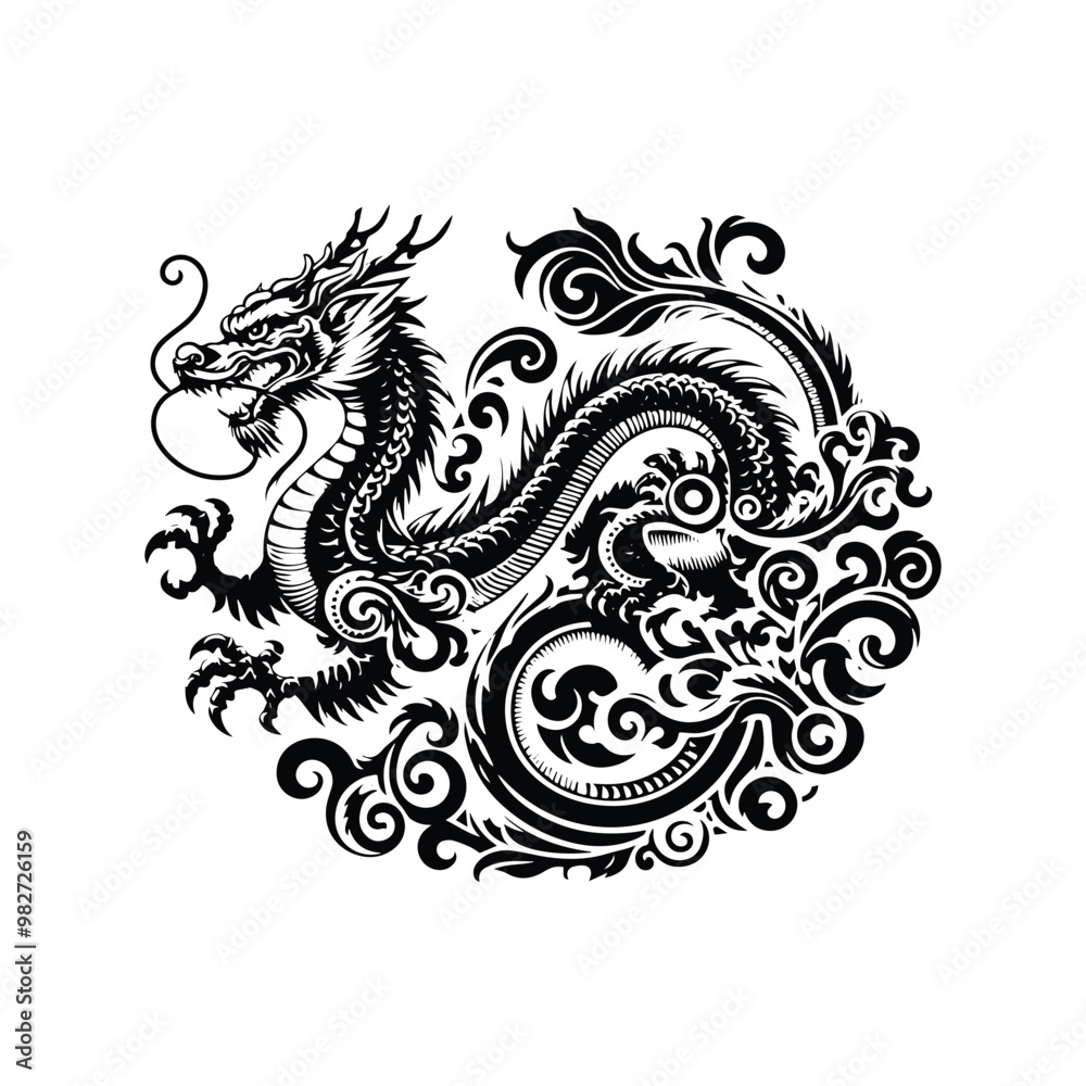 Fototapeta premium asian dragon with victorian flourish decoration in black and white illustrations, cutout graphic
