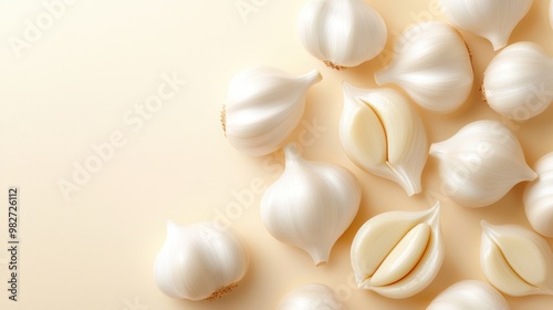 A collection of fresh garlic bulbs and cloves on a beige background, showcasing their natural texture and color.