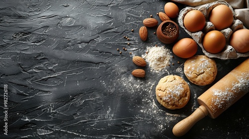 Baking background with kitchen utensils, rolling pin, and eggs on a black tabletop. Flat lay for a baking concept. Biscuit dough-making process. photo