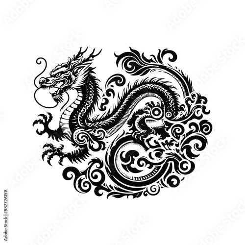 asian dragon with victorian flourish decoration in black and white illustrations, cutout graphic