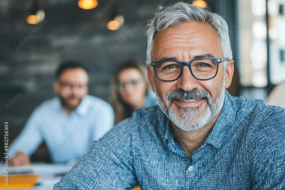 Smiling mature man in glasses sits with colleagues. Smiling mature man in glasses sits with colleagues.