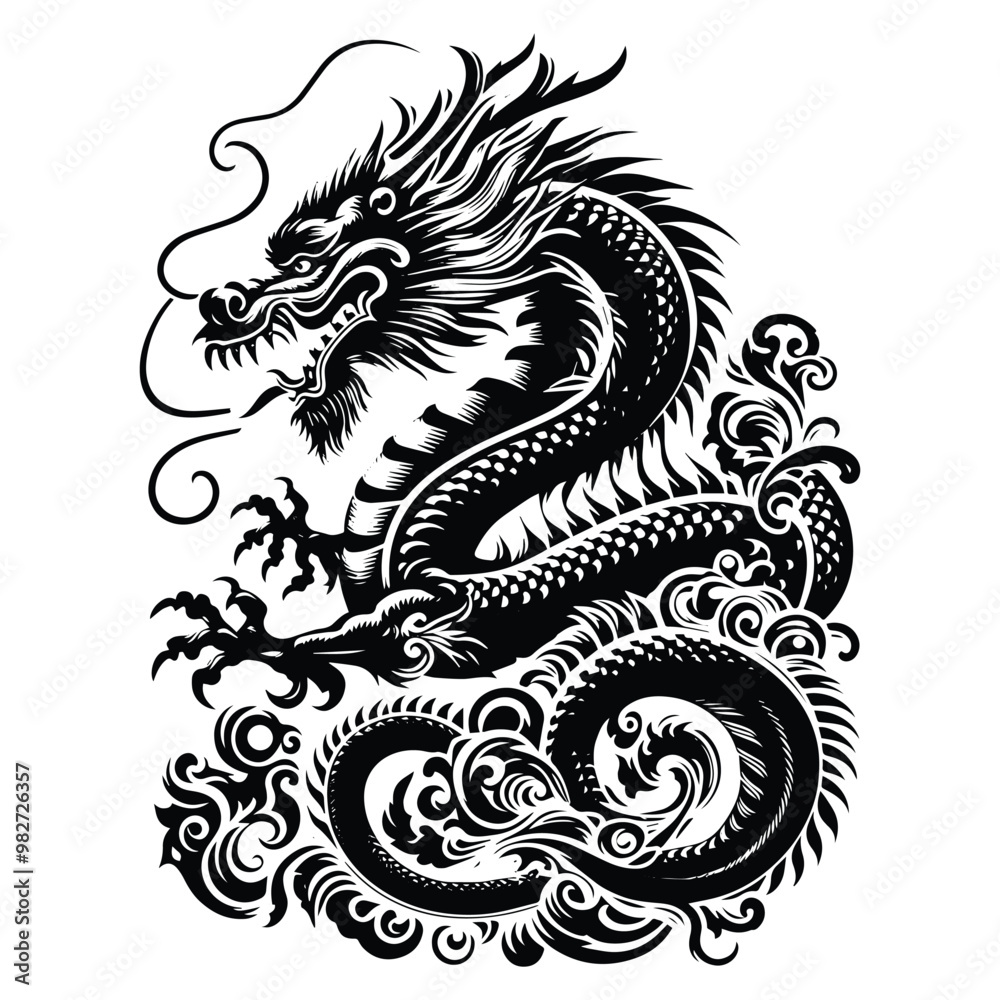 asian dragon with victorian flourish decoration in black and white illustrations, cutout graphic asian dragon with victorian flourish decoration in black and white illustrations, cutout graphic