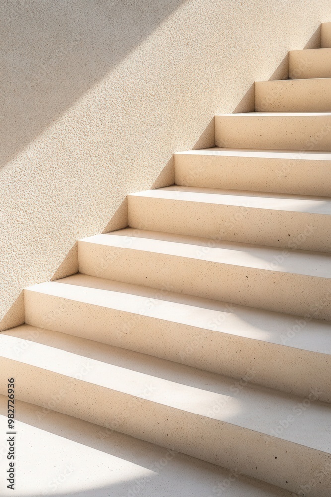 Soft light dances on minimalist stairs, highlighting geometric beauty and serene tranquility