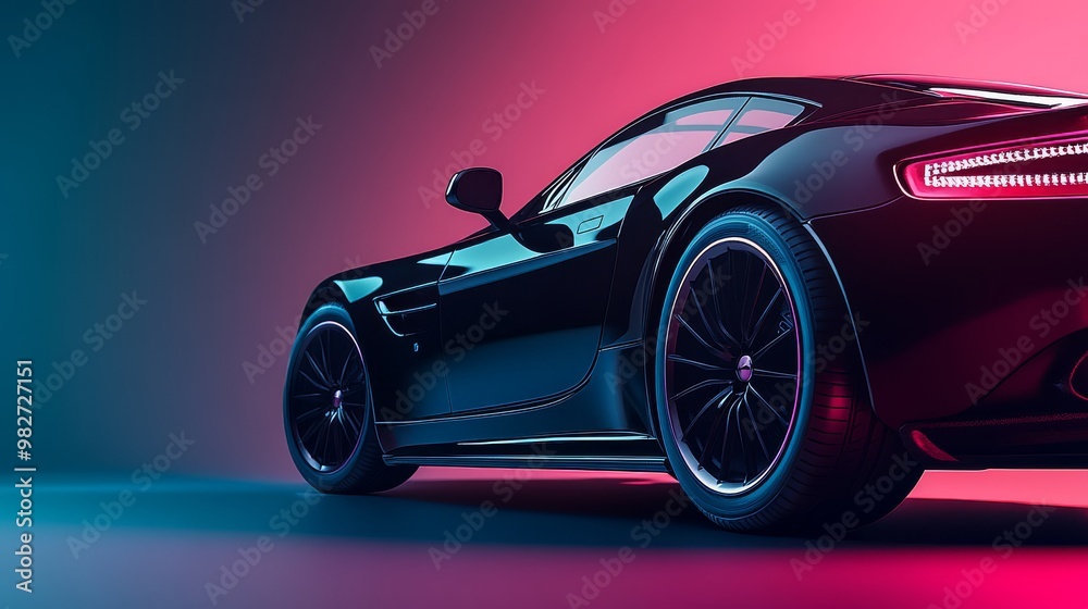 Black Luxury Sports Car in Neon Light. Black Luxury Sports Car in Neon Light.