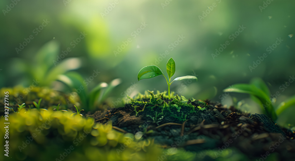 Young plant springing up out of the soil. The plant is small and has a lot of leaves. food security banner Young plant springing up out of the soil. The plant is small and has a lot of leaves. food security banner