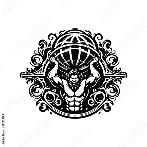 atlas greek god with victorian flourish in black and white illustrations, cutout graphic black and white illustration