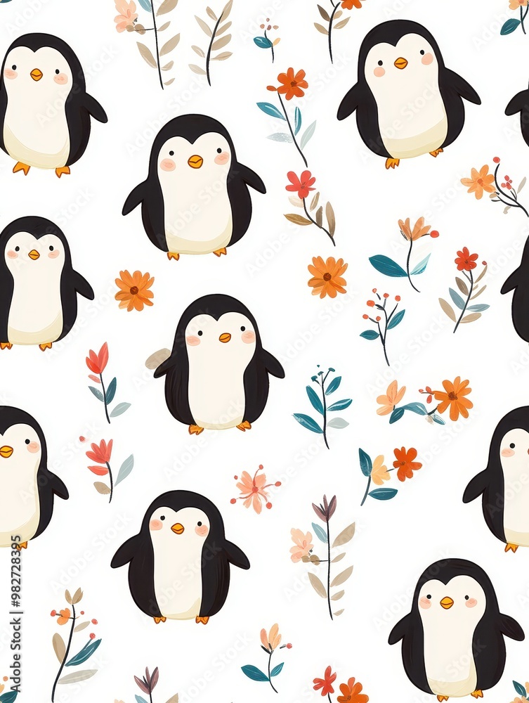 Cute seamless pattern with hand-drawn penguins and flowers, perfect for children's textiles, wallpapers, and decor. Cute seamless pattern with hand-drawn penguins and flowers, perfect for children's textiles, wallpapers, and decor.