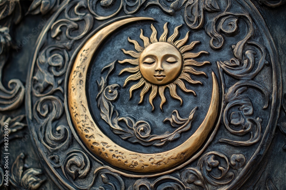 A sun and moon symbol intertwined in a beautiful, intricate design A sun and moon symbol intertwined in a beautiful, intricate design