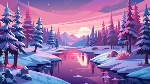Pink-toned winter Christmas landscape with calm winter river. Landscape with Snow Trees