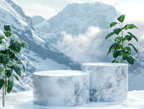 realistic cylender podium for present product made from marble, still life shot studio, space for overlay product. snow cover area, blurry snow mountain background photo