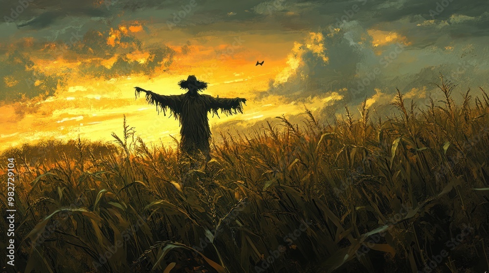 Fototapeta premium A suspenseful, windy evening in a cornfield where shadows lengthen, the wind howls through the crops, and the scarecrow stands like a lone sentinel.