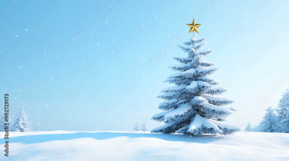 Obraz premium 3D-rendered snow-covered pine tree with a golden star on top, surrounded by a gentle snowfall, in a clear, bright blue sky