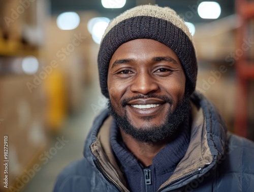 Smiling Man in Warehouse