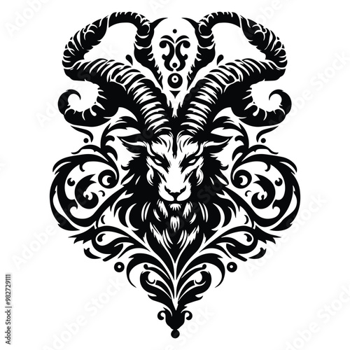 baphomet with victorian flourish decoration in black and white illustrations, cutout graphic