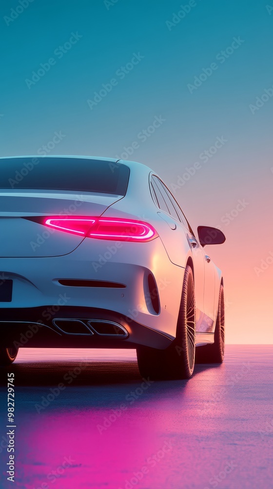 Fototapeta premium White Car With Pink Tail Lights at Sunset.