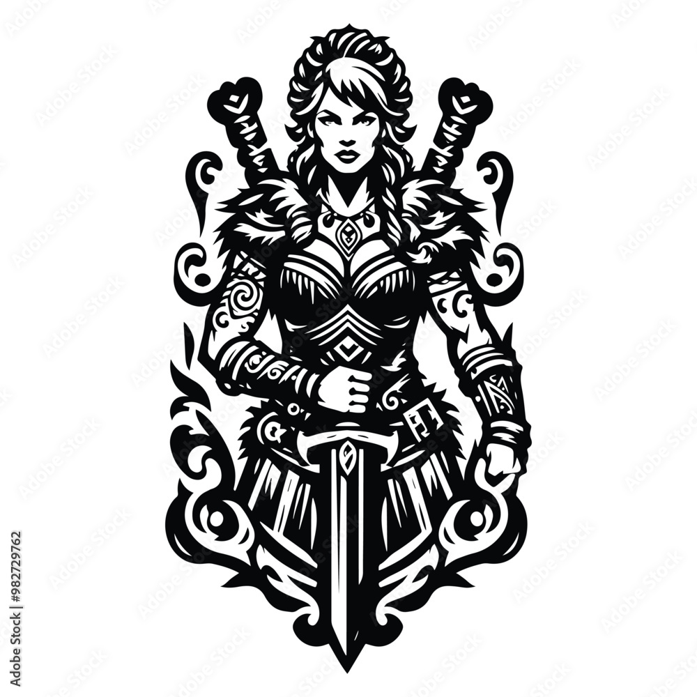Fototapeta premium barbarian warrior female with victorian flourish decoration in black and white illustrations, cutout graphic