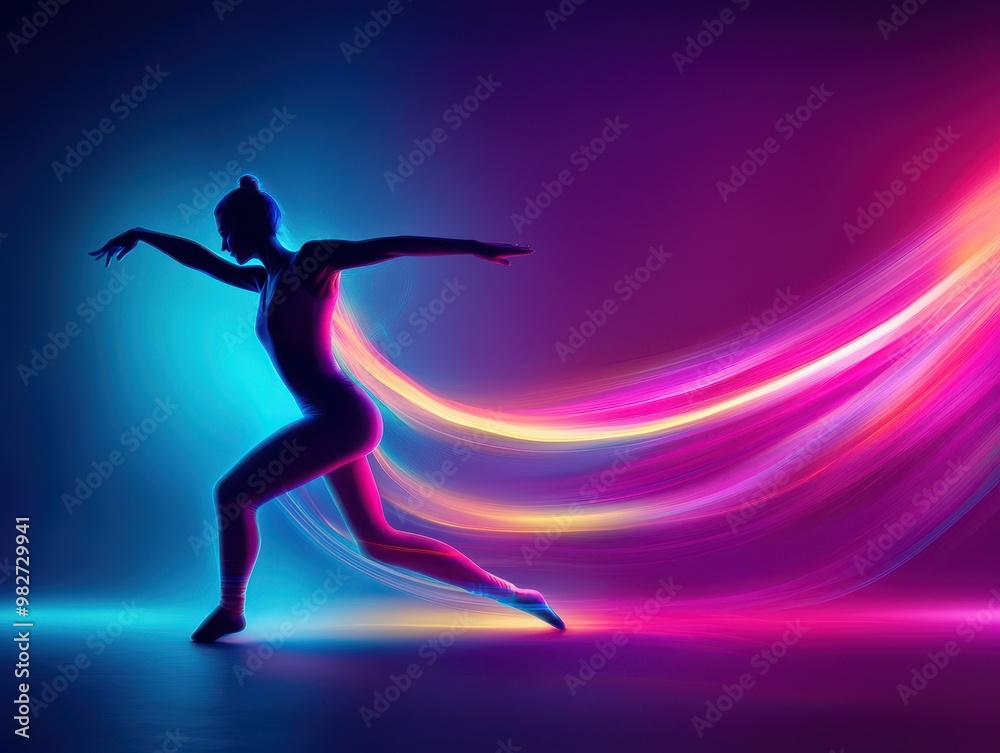 Silhouette of a dancer in motion with vibrant, flowing light trails against a dark gradient background, embodying energy and grace. Silhouette of a dancer in motion with vibrant, flowing light trails against a dark gradient background, embodying energy and grace.