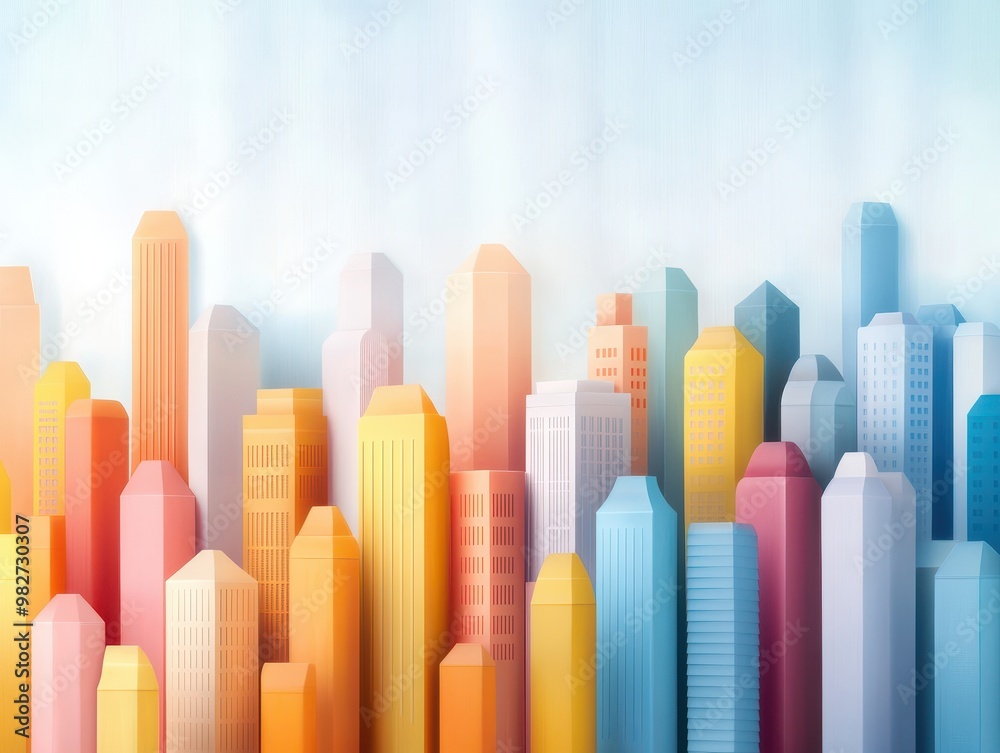 Vibrant and colorful abstract cityscape featuring modern skyscrapers in a variety of hues and tones against a bright background. Vibrant and colorful abstract cityscape featuring modern skyscrapers in a variety of hues and tones against a bright background.