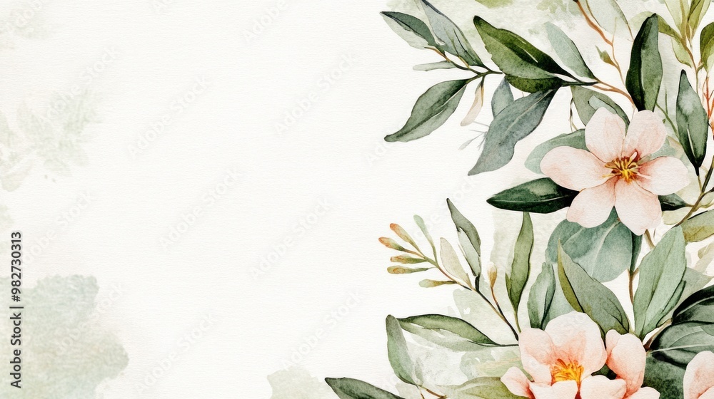 A watercolor botanical frame with soft green foliage and pastel flowers painted around the borders, giving the wedding invitation a natural and serene feel. A watercolor botanical frame with soft green foliage and pastel flowers painted around the borders, giving the wedding invitation a natural and serene feel.