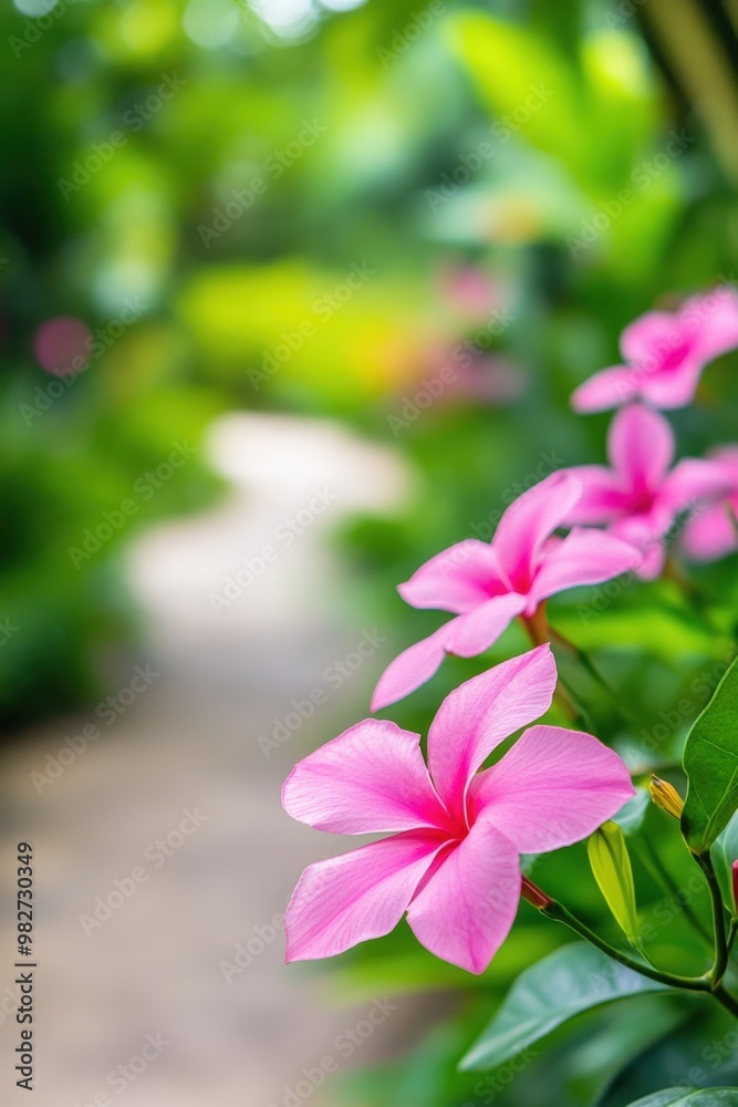 A serene garden path adorned with vibrant pink flowers in full bloom during the late afternoon A serene garden path adorned with vibrant pink flowers in full bloom during the late afternoon