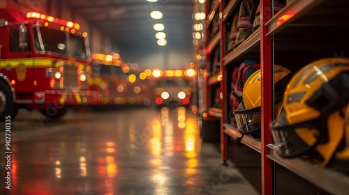 Firehouse with trucks and helmets, lights on, prepared for emergency deployment. photo