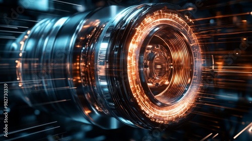 Electric motor spinning at high speed, generating kinetic energy and torque, with copper coils and magnetic fields visible in a futuristic industrial setting