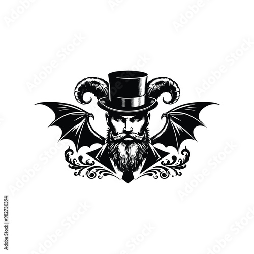 beard man with horn and bat wing with victorian flourish decoration in black and white illustrations, cutout graphic black and white illustration