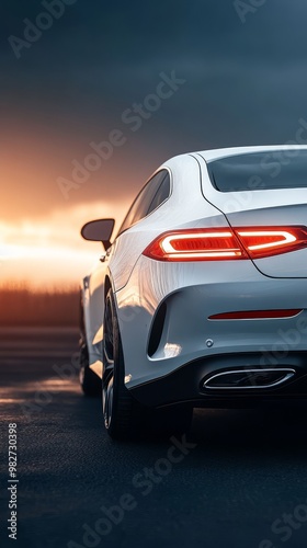 White Luxury Sedan at Sunset.