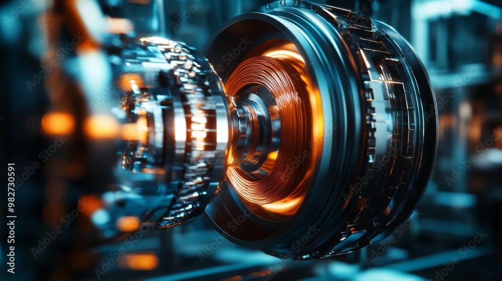 Electric motor spinning at high speed, generating kinetic energy and torque, with copper coils and magnetic fields visible in a futuristic industrial setting Electric motor spinning at high speed, generating kinetic energy and torque, with copper coils and magnetic fields visible in a futuristic industrial setting