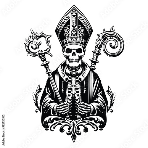 bishop skeleton with victorian flourish decoration in black and white illustrations, cutout graphic