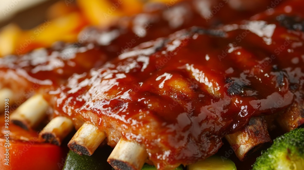 A close-up of tender, fall-off-the-bone grilled pork ribs covered in a rich barbecue sauce, with a side of grilled vegetables. A close-up of tender, fall-off-the-bone grilled pork ribs covered in a rich barbecue sauce, with a side of grilled vegetables.