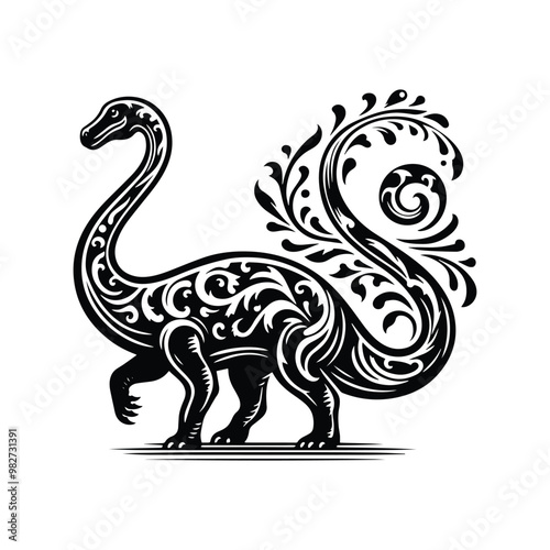 Brachiosaurus with victorian flourish decoration in black and white illustrations, cutout graphic