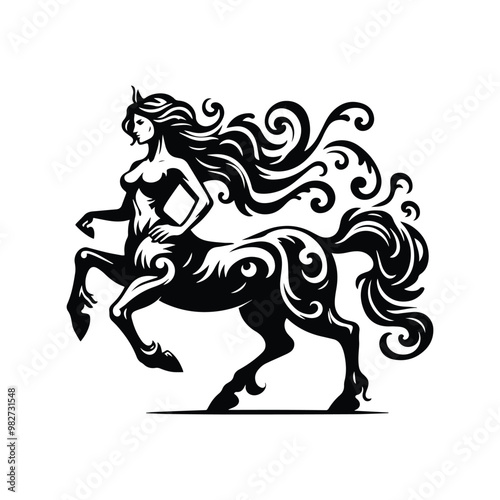 Centaur female warrior with victorian flourish decoration in black and white illustrations, cutout graphic black and white illustration