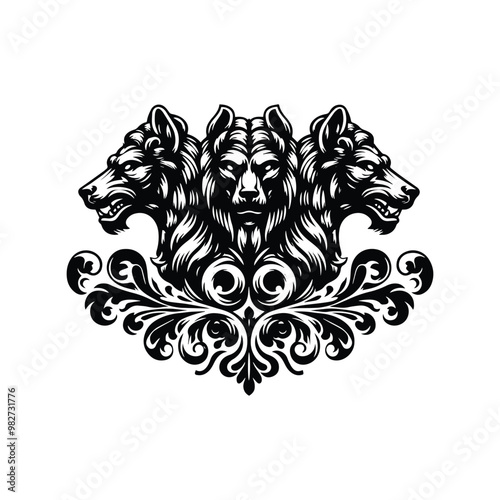 cerberus with victorian flourish decoration in black and white illustrations, cutout graphic